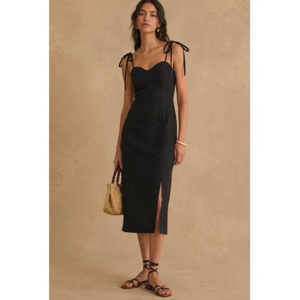 Anthropologie Black Linen Blend Sweetheart Tie Strap Midi Dress Side Slit Small